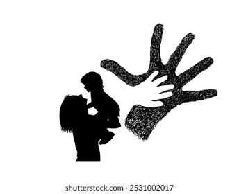 Happy Mother and Baby. Silhouette of a mother holding a child's hand, a symbol of care. hand drawn. Not AI, Vector illustration.