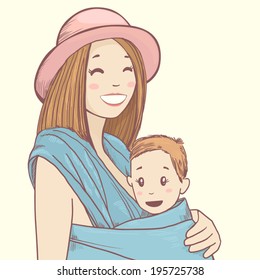 Happy mother with baby in sling. 