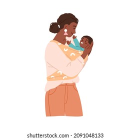 Happy mother with baby in sling. African-American mom and child in hands. Woman hold smiling infant. Mum and little kid in cloth carrier portrait. Flat vector illustration isolated on white background