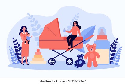 Happy mother, babysitter and baby near carriage isolated flat vector illustration. Cartoon women caring about newborn. Abstract nanny occupation. Family and nursery concept