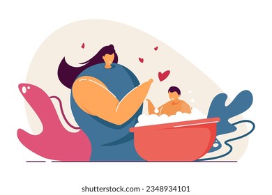 Happy mother bathing son in baby bathtub vector illustration. Cartoon drawing of woman washing child with love. Motherhood, family, childcare, hygiene, parenting concept