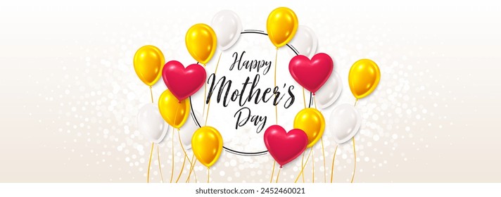 Happy Mother card with heart shaped balloons. Greeting card banner template. Frame for Mother day event with balloons. Celebration background with frame border. Mom day card. Vector illustration