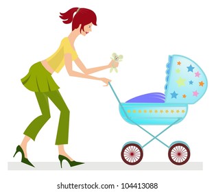 happy mother caring her baby in the baby carriage