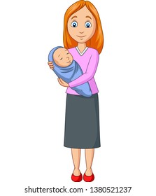 Happy Mother carrying newborn baby wrapped in blue