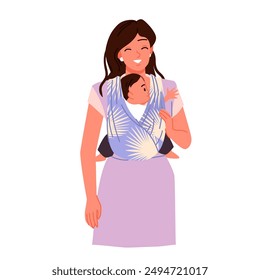 Happy mother carrying newborn baby in carrier sling, family love and protection. Young mom holding child in modern natural wrapped blanket, woman with smile and boy cartoon vector illustration