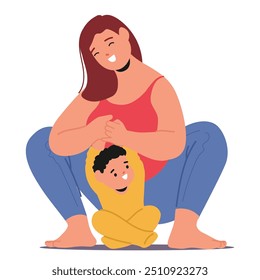 Happy Mother In Casual Attire Exercising And Playing With Her Baby. Cartoon Mom Is Engaging In Yoga Or Workout While The Baby Is Smiling And Having Fun. Captures The Joy Of Parenthood And Fitness