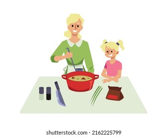 Schöne Mutter und Kind kochen gemeinsam Gerichte in der Küche, flache Cartoon, Vektorgrafik einzeln auf weißem Hintergrund. Familienkochsuppe in Küchenherd.