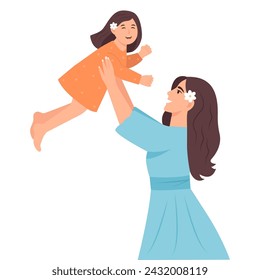 Happy mother with child. Mom lifting up her daughter. Vector illustration on white background