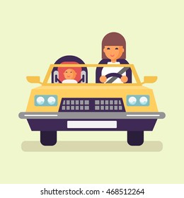 HAPPY Mother and the child seating in the car vector flat design illustration. Baby on board. Safety driving. Goes to the trip. Flat design illustration. Lifestyle concept