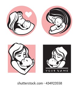 Happy mother and child, a simple vector symbol. Set of monochrome images.