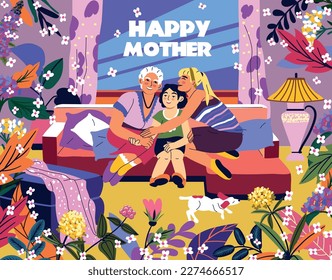 Happy mother and child. Warm hugs. Family happiness. Loved mama and young baby. Blooming plants. Parents cuddling kid. People sitting together on sofa. Vector exact illustration concept