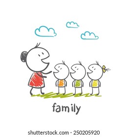 happy mother with children illustration