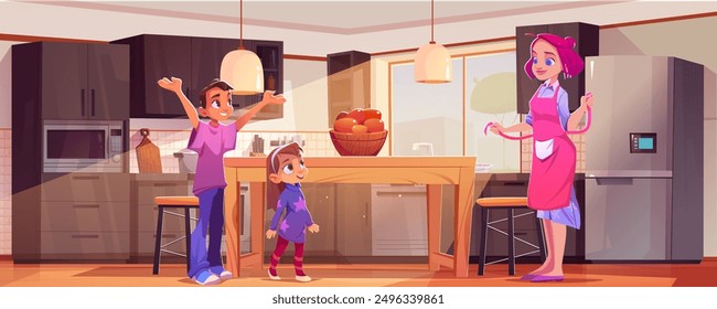 Happy mother and children in modern kitchen. Vector cartoon illustration of woman wearing apron, daughter and son smiling at mom, morning sunlight in window, home interior with furniture for cooking