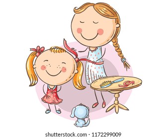 Happy mother combing her daughter's hair, cartoon graphics, vector illustration