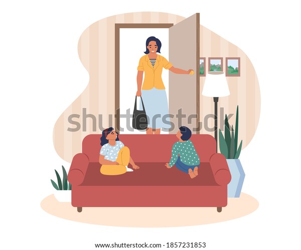 幸せな母親が仕事から帰ってきて かわいい子がリビングのソファーに座って待っている 平らなベクターイラスト 自宅の内部 幸せな家族の関係 帰郷 のベクター画像素材 ロイヤリティフリー
