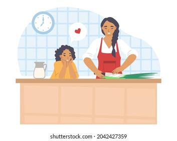 Happy mother cooking with daughter in kitchen, flat vector illustration. Mom and kid spending time together preparing dinner. Parent child relationship, happy motherhood and parenting.