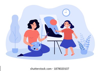 Happy Mother And Cute Daughter Painting Together Flat Vector Illustration. Cartoon Mom And Kid Drawing On Easel And Having Fun At Home. Family And Recreational Art Activity Concept