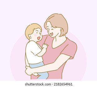 Happy mother with cute little baby at home. Hand drawn in thin line style, vector illustrations. 