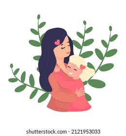Happy Mother and cute little daughter hugging each other. Happy Mother Day concept. Festive card with green keaves and adorable people.