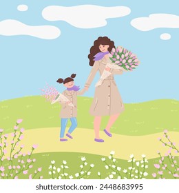 Happy mother and daughter with blooming bouquets walking at springtime in flat cartoon design. Mom and kid in seasonal beige coats holding flowers and pink tulips at spring park. Vector illustration