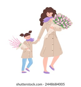 Happy mother and daughter with blooming bouquets walking at springtime in flat cartoon design. Young mom and kid in seasonal beige coats holding spring flowers and pink tulips. Vector illustration