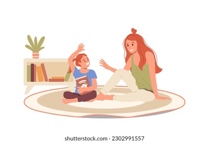 Happy mother and daughter characters playing together while sitting on floor at home living room