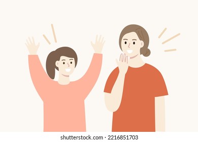 Happy Mother and daughter chatting together. Positive Family relationship, childhood, communication, parenting, lifestyle concept. Flat cartoon people vector design isolated illustration.