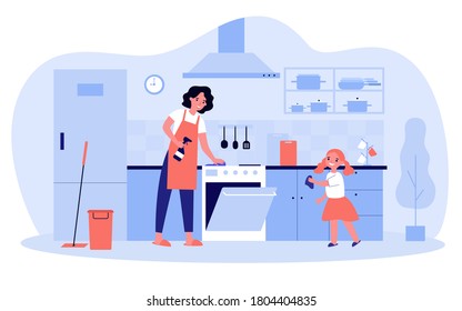 Happy mother and daughter cleaning kitchen together isolated flat vector illustration. Cartoon characters wiping dust from furniture, girl helping woman. Household chores and home concept