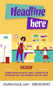 Happy mother and daughter cleaning kitchen together isolated flat vector illustration. Cartoon characters wiping dust from furniture, girl helping woman. Household chores and home concept