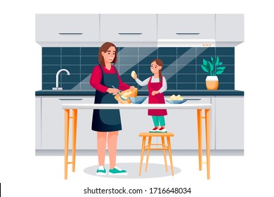 Happy Mother And Daughter Cooking Breakfast In Kitchen. Mom And Little Girl Baking, Making Dough. Vector Characters Illustration. Family Leisure Lifestyle And Time At Home.