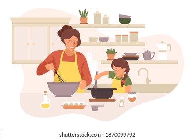 Happy mother and daughter cooking in cozy bright modern kitchen. Vector flat illustration isolated on white background with woman spending time with child, talking, laughing and eating healthy meal