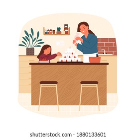 Happy mother and daughter decorate cake with whipped cream and strawberry vector flat illustration. Family cooking delicious dessert together at home kitchen isolated. Parent and kid preparing pastry