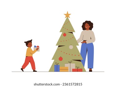 Happy mother and daughter decorate together Christmas tree. African American woman and baby girl preparate near xmas tree in new year eve. Festive family concept. Vector illustration