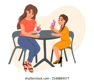 Happy mother and daughter eat ice cream in a cafe. Good relationship between parent and child. Happy moments together. Vector illustration