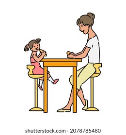 Happy mother and daughter eating together - cartoon woman and little girl sitting behind restaurant table with food and smiling. Flat isolated vector illustration.
