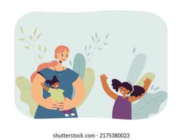 Happy mother with daughter flat vector illustration. Woman holding baby in her arms, spending time with children. Motherhood, family, joy, love concept for banner, website design or landing web page