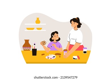 Happy mother and daughter glazing ceramic mugs in pottery studio. Workshop, creative hobby and art therapy concept. Modern flat vector illustration