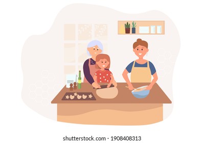 feliz madre hija, abuela que cocina en la cocina, hace masa, hornea galletas. El concepto de aislamiento en el hogar durante una pandemia, una familia feliz juntos. Vector