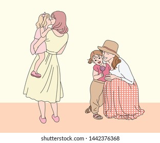 Happy mother and daughter. hand drawn style vector design illustrations. 