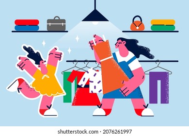 Happy mother and daughter have fun shopping together in clothing store. Smiling girls buy clothes in fashion boutique on sale or promotion. Good deal concept. Style and garment. Vector illustration. 