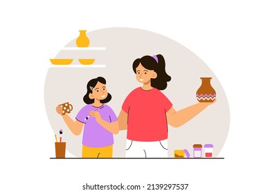 Happy mother and daughter holding ceramic vase and mug in studio. Family activity, workshop, creative hobby and art therapy concept. Modern flat vector illustration