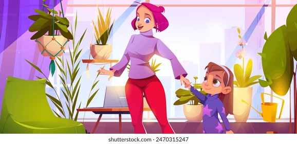 Happy mother and daughter holding hands at home. Vector cartoon illustration of woman and little girl smiling, family spending time together, many flower pots in sunny apartment, city view in window