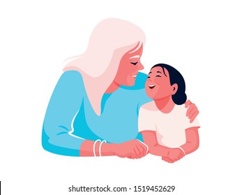 Happy mother and daughter are looking at each other. Good relationship, family values. Mothers day. Vector illustration isolated on white for card, web banner, site