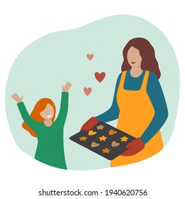 Happy mother and daughter make cookies together. The woman holds a baking sheet with cookies, the girl rejoices. Parent with offspring. Flat style. Isolate on a white background. Vector illustration.