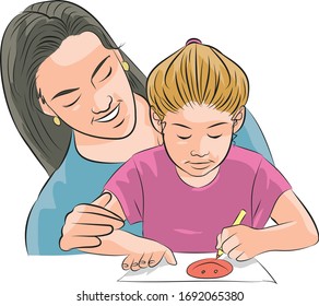 Happy Mother and daughter are painting