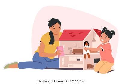 Happy mother and daughter playing with doll house construction and toy furniture spending fun time together at home cartoon scene. Parenting and family playtime on weekend vector illustration