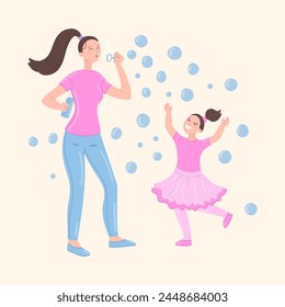 Happy mother and daughter playing with soap bubbles together in flat cartoon design. Young mom blowing bubbles and smiling kid jumping and catching. Family outdoors activity. Vector illustration