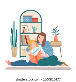 Happy mother and daughter reading together sitting in living room on the carpet, mum hugging her kid and pointing to something in book, flat cartoon vector illustration isolated on white background