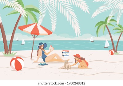 Happy mother and daughter spending summer vacation on sandy beach near the sea vector flat illustration. Young woman and girl read and build sand castle. Tropical sea resort banner concept.