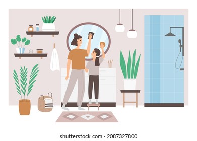 Happy mother and daughter wash mirror in modern bathroom. Interior with douche, sink and houseplants. Vector illustration in flat style